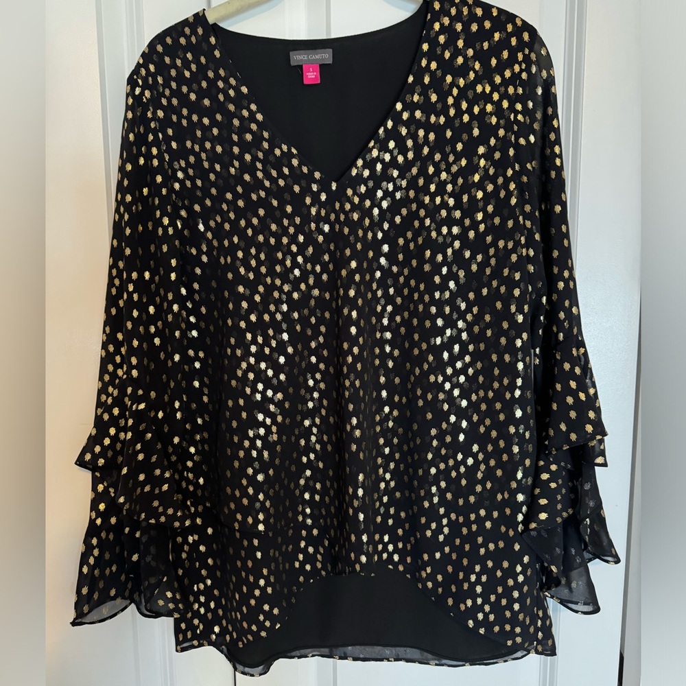 Vince Camuto black + gold blouse S